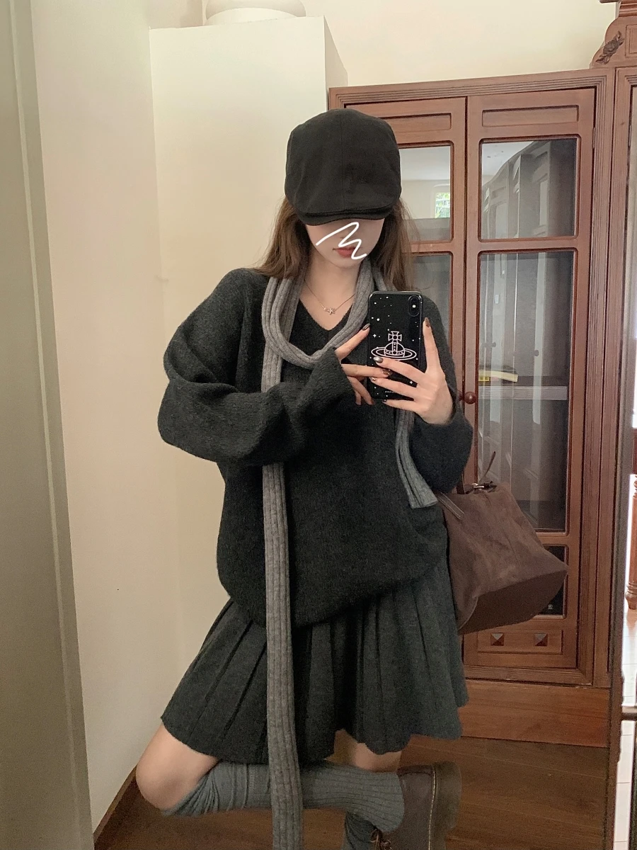 

Korean Fashion Autumn New Women Two Piece Skirt Sets Knitted V-neck Long Sleeve Knitted Sweater + High Waist A Line Mini Skirt