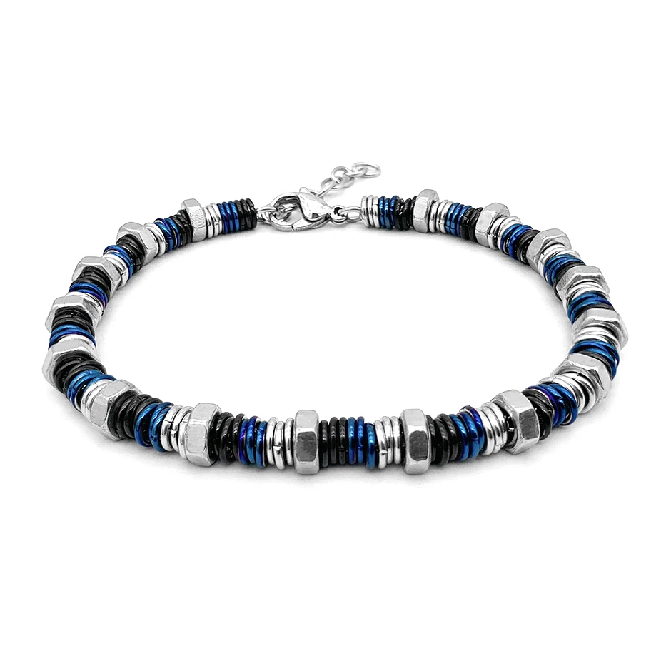 Runda Men's Bracelet Stainless Steel Blue Circle Link Chain Adjustable Size 22cm Fashion Handmade Bracelet Luxury Brand Men