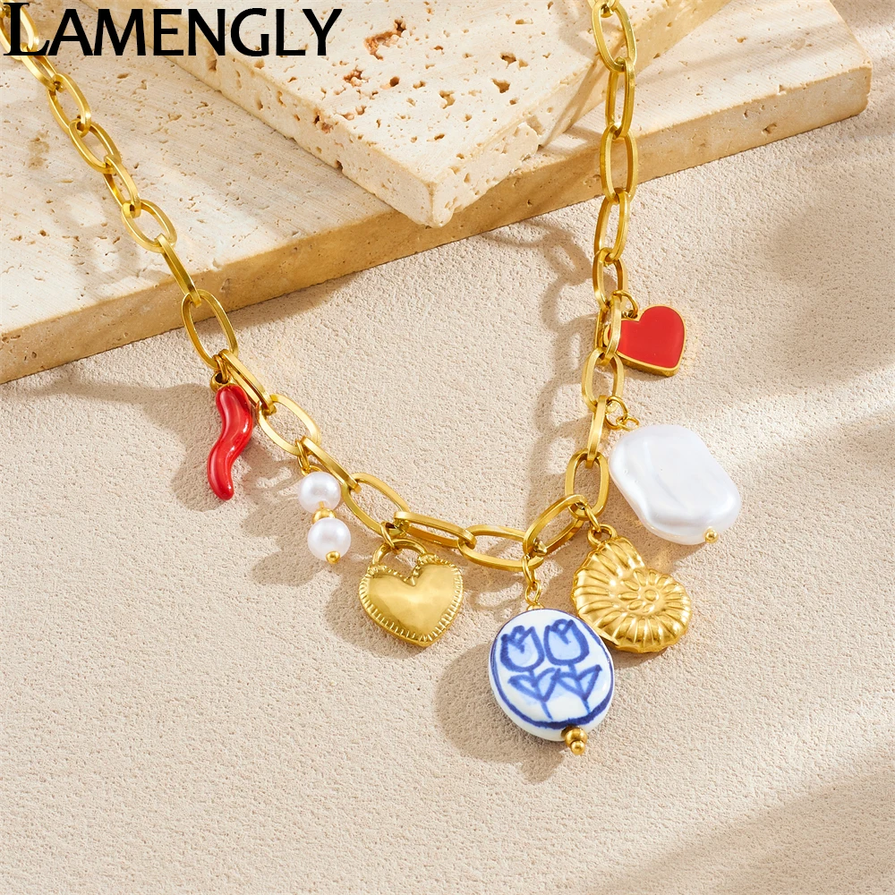 

LAMENGLY 316L Stainless Steel Blue Painted Flowers Conch Heart Pendant Necklace Women Novel Chic Neck Chain Designer Gift
