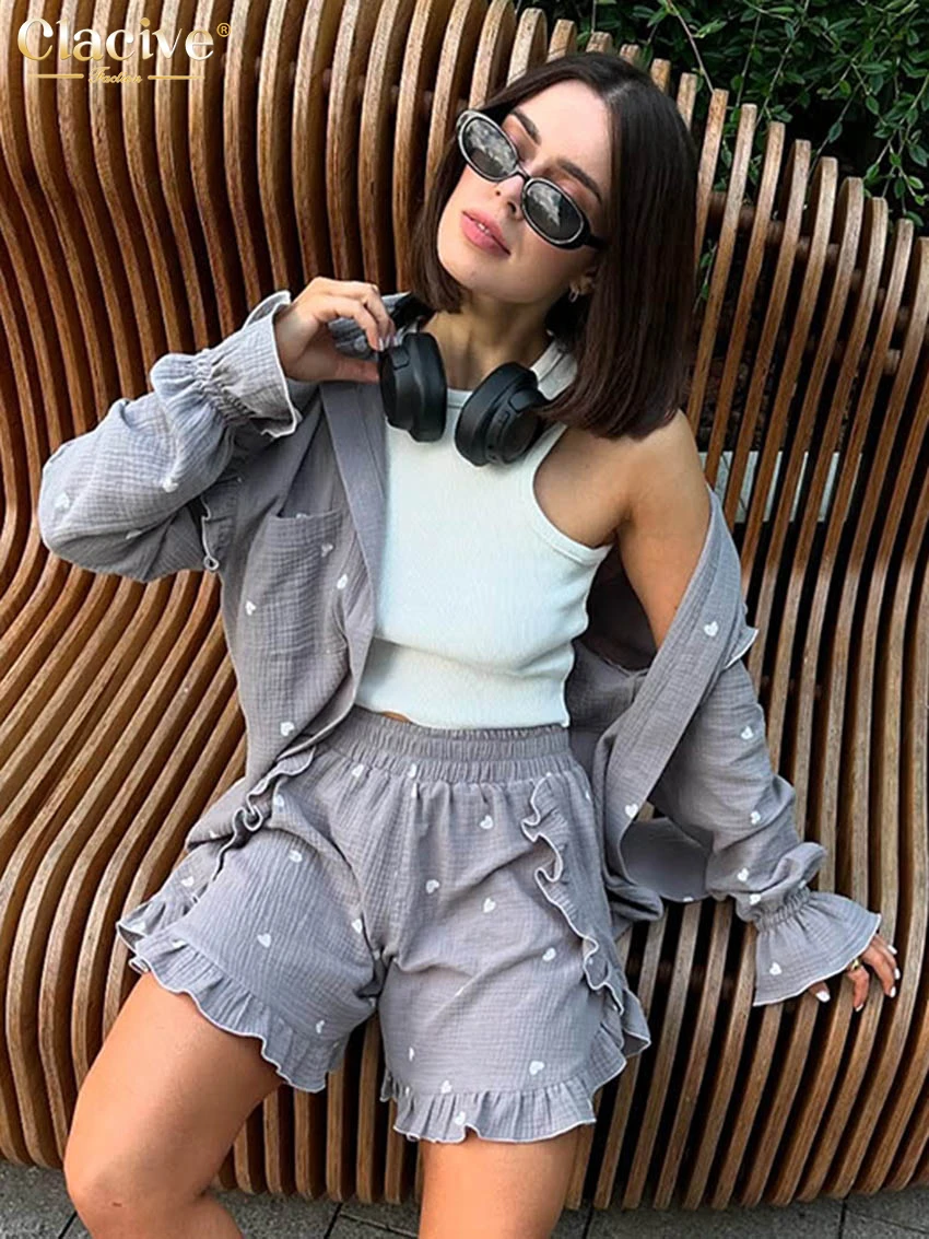 

Clacive Fashion Loose Gray Cotton 2 Piece Sets Woman Outfit 2025 Elegant Long Sleeve Shirt With High Waist Shorts Set Female