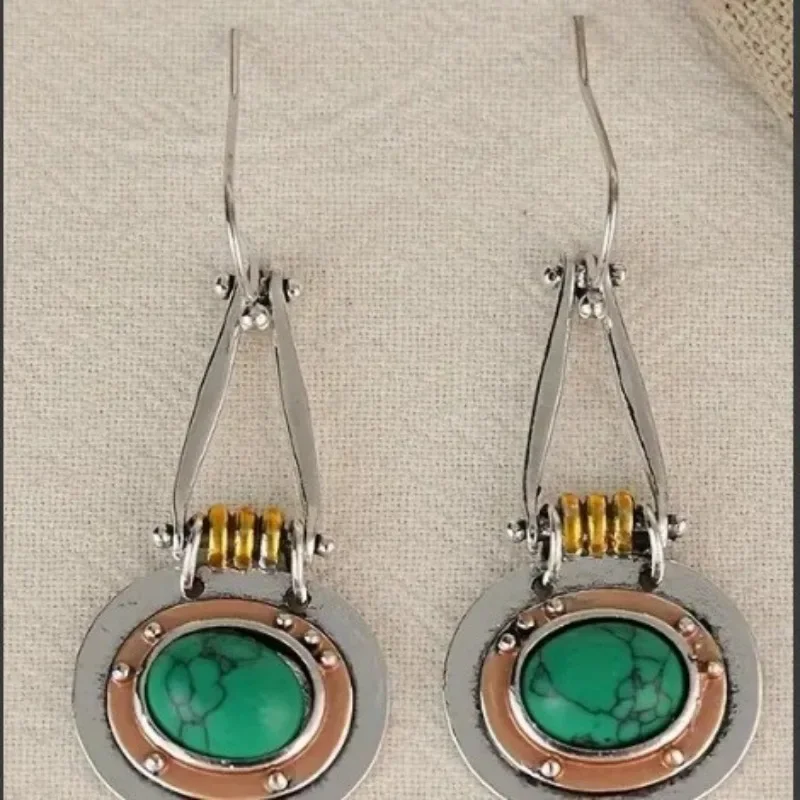 Turquoise teardrop-shaped craft wire-wound retro creative hammered earrings