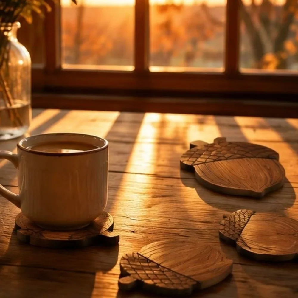 5PCS 2D Flat Acorn-Shaped Coasters Non-Slip Anti Scald Coffee Coasters Natural Heat-Resistant Tea Coasters Restaurant