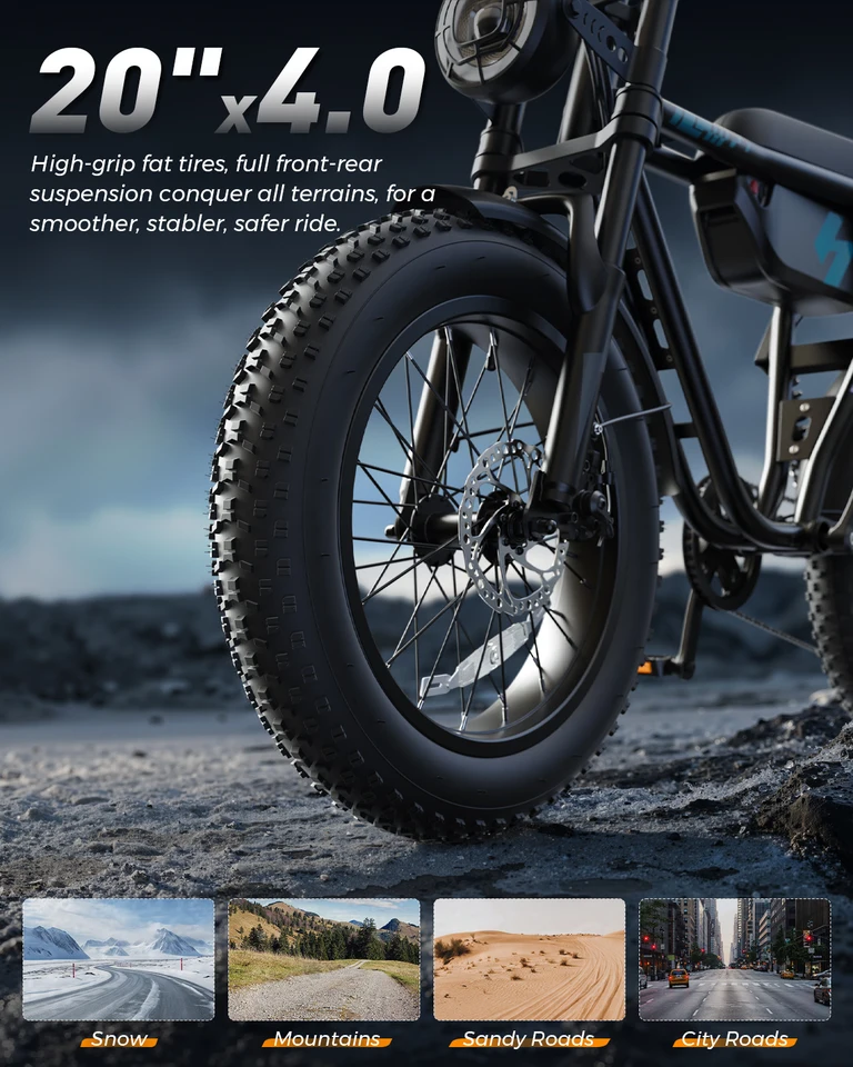 Hopepeak D20 Electric Bike, 20" Fat Tires Electric Mountain Bike, 1800W Peak Motor 48V 15.6Ah, 28 MPH 75Mi Range Off-Road Ebike with Full Suspension image 7