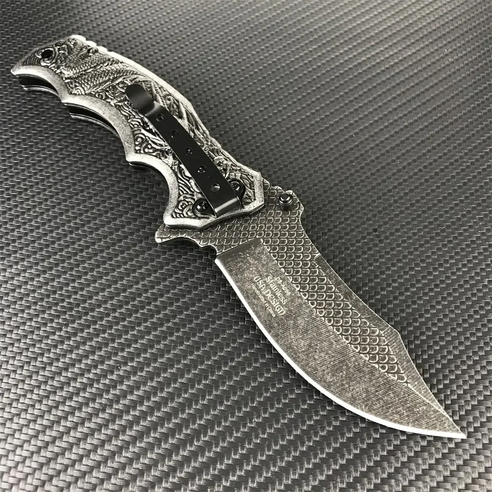 Tactical Dragon Pattern Handle Folding Knife Hunting Collection Gift Knife with Pocket Clip Outdoor Camping EDC Knives