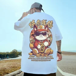 Good Fortune Befell Print Oversized T-shirt For Men Anime Cat Graphic Cotton Crewneck Tee Y2K Tops Streetwear Breathable Tshirt