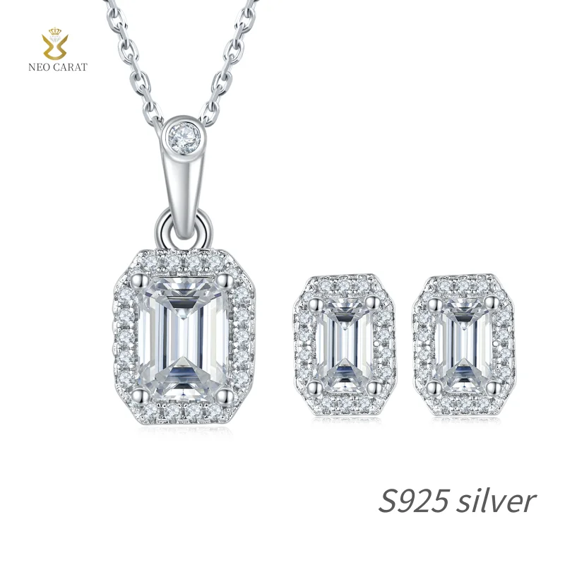 

NEO CARAT S925 Silver Luxury Rectangular Moissanite Pendant Ear Cuff Set Elegant Anniversary Wedding Gift for Her
