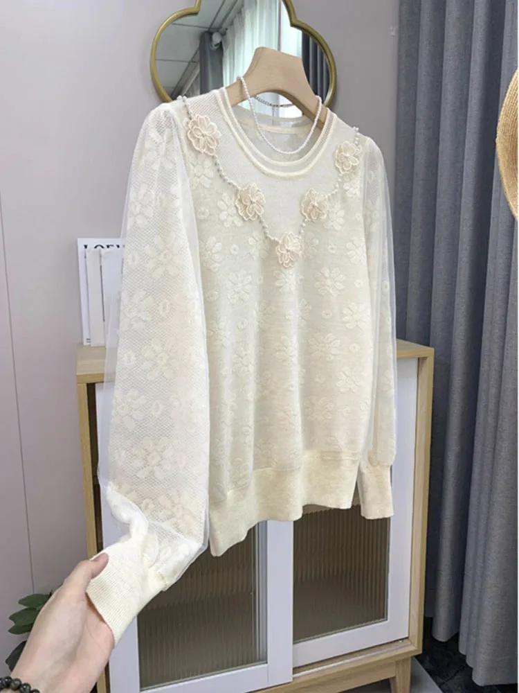 

Round Neck Elegant Floral Knit Sweater Women's Streetwear Loose Design Sense Knit Sweater Long Sleeve Lace Sweet sweater