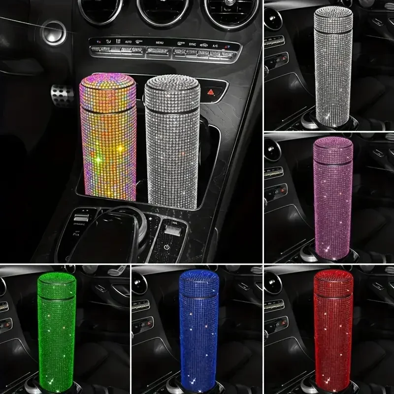 500ml Car Insulated Water Bottle 304 Stainless Steel Diamond Heat Preservation Water Cup Holder Bling Car Accessories for Women