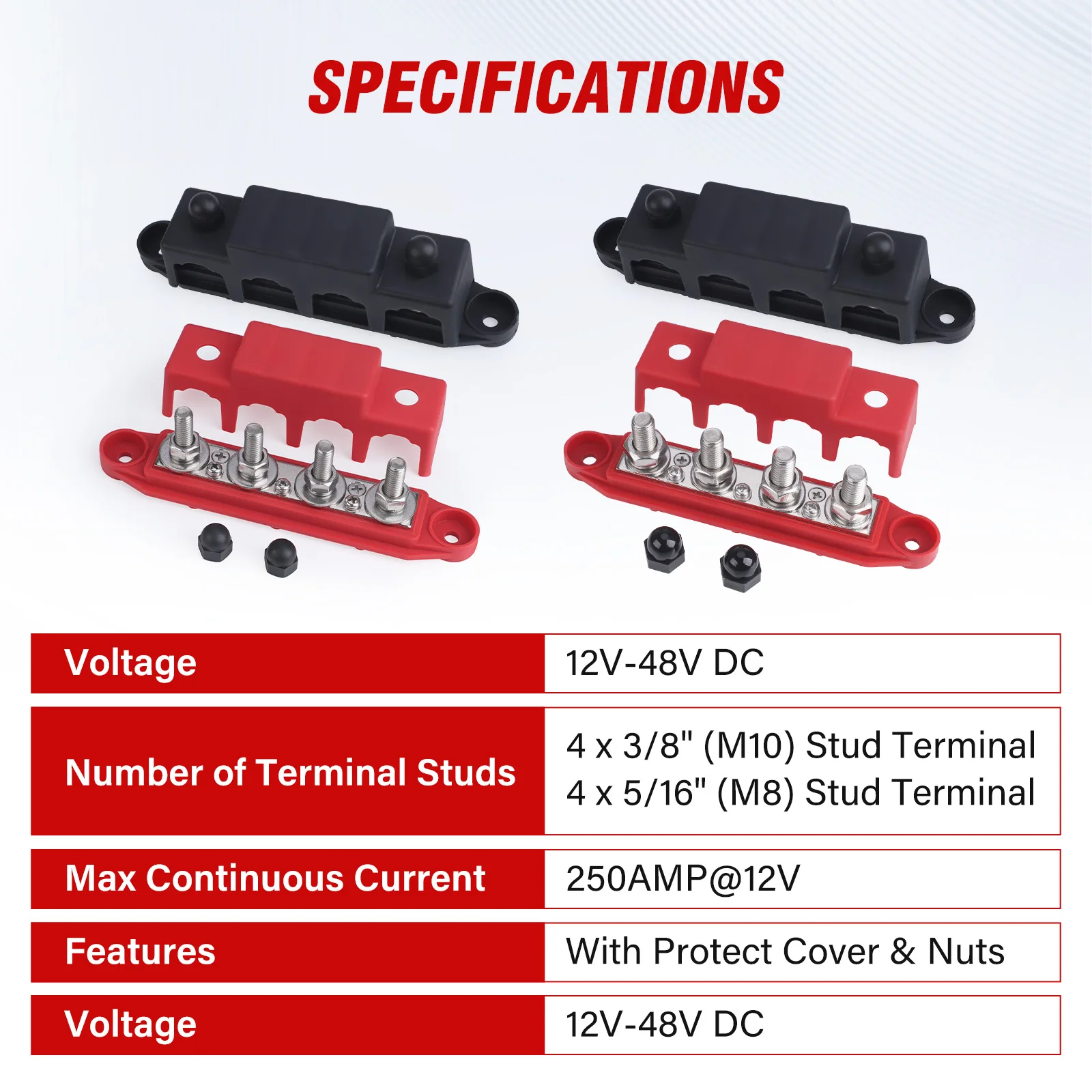 

Bus Bar 12V-48V 250A Power Distribution Block 4 Posts Junction M8 M10 For Marine Automotive Copper Battery Busbar Terminal Block