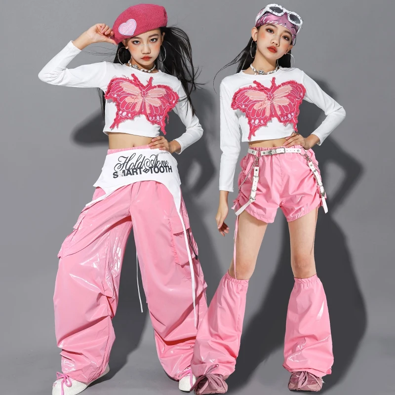 أزياء الفتيات الوردي لموسيقى الجاز بأكمام طويلة ملابس السرة تنورة البضائع السراويل الاطفال المشجع ملابس الرقص الهيب هوب ملابس الأداء BL17099
