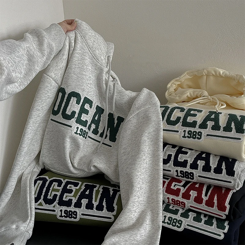 

Women Soft Warm Hoodies Contrast Color Thin Fleece Letter Print Hooded Pullover Sweatershirt Female Casual Commute Tops Shirt