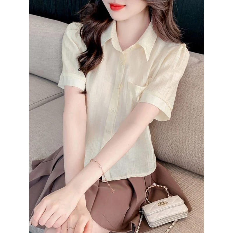 Women Summer Fashion Casual Loose Pocket Solid Color Polo-Neck Short Sleeve Chiffon Shirts Ladies Casual All-match Trend Top Tee