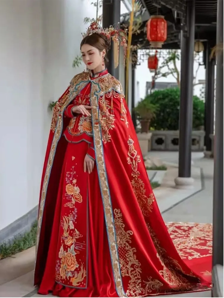 

Phoenix crown red cape bride's Chinese-style wedding dress Hanfu long tail