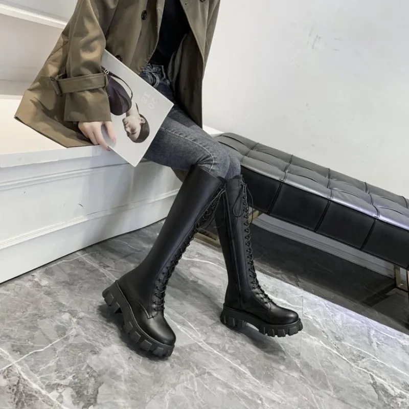 Women Knee High Boots Lace Up Combat Booties Platform Lug Sole Round Toe Side Zipper Tall Winter Streetwear Footwear Black White view 2