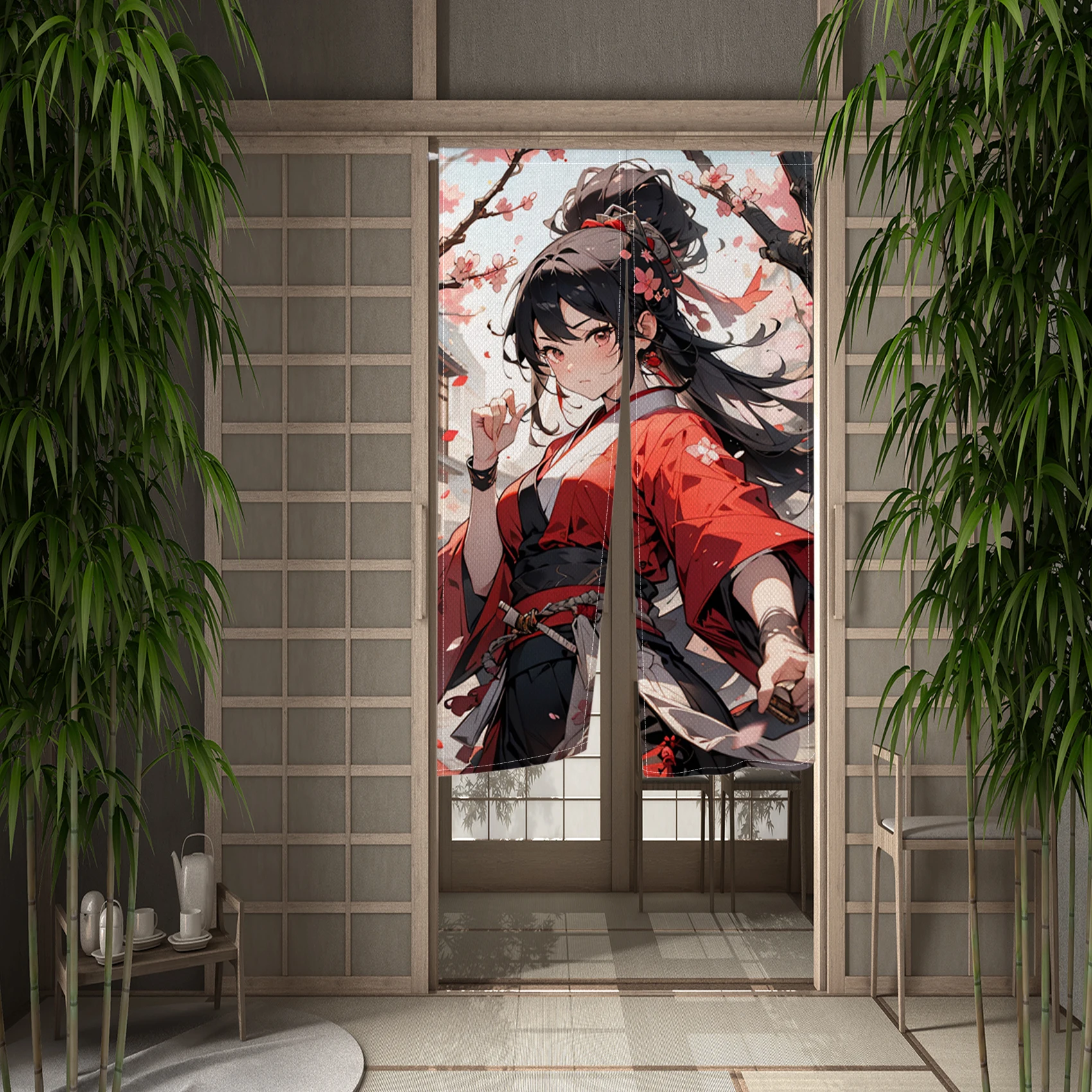 Cartoon Anime Japanese Door Curtain Girl Cherry Blossoms Noren Kitchen Partition Doorway Curtain Entrance Hanging Half-Curtain