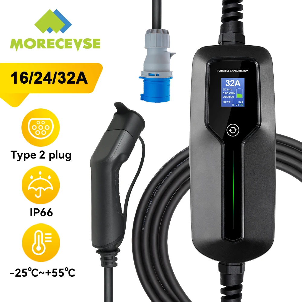 Morec 7KW Portable EV Charger Type 2 32A Electric Vehicle Charging Box Mode 2 Charging Cable For Electric Car CEE Plug EVSE