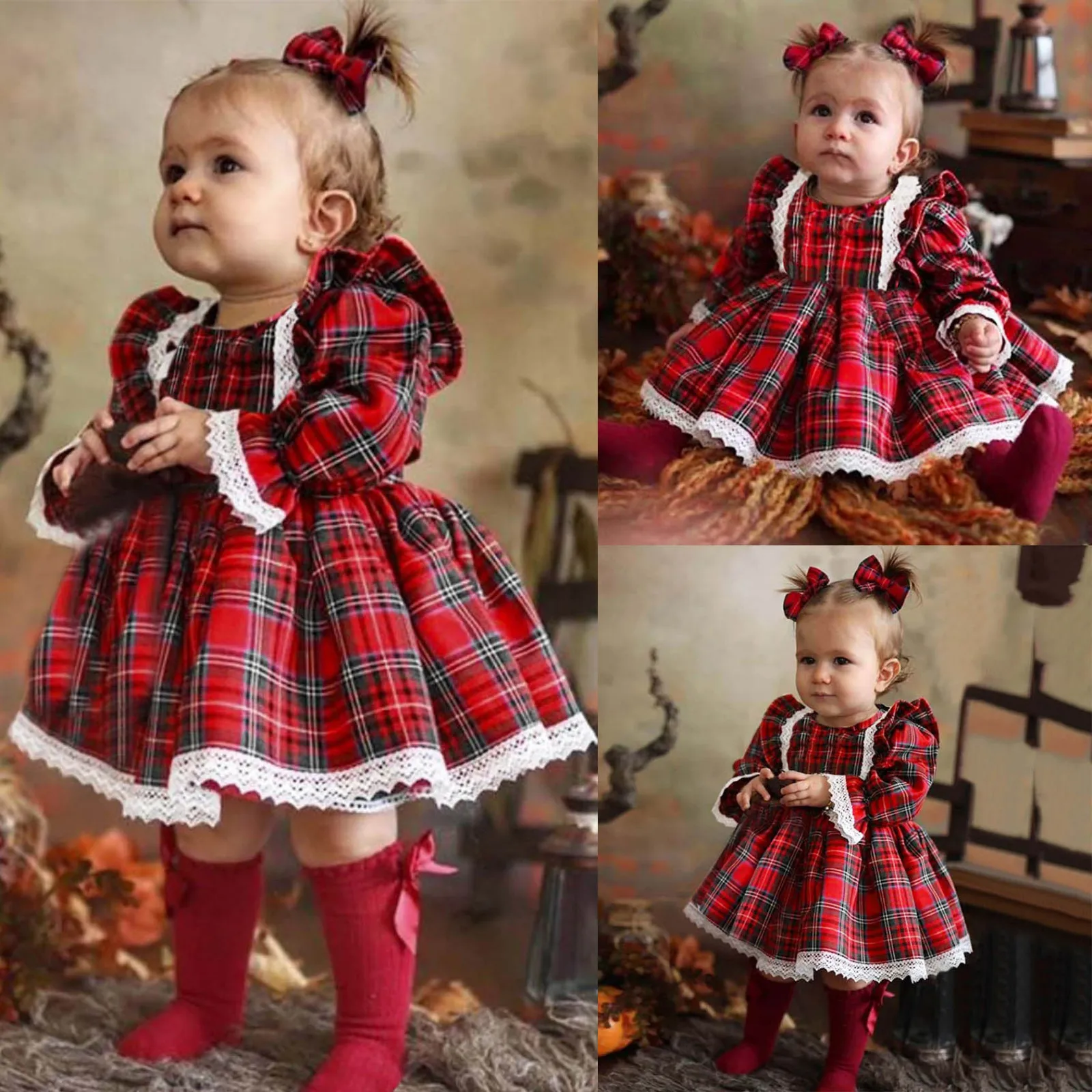 2024 Christmas Toddler Kids Baby Girl Princess Dress Red Plaid Ruffles Lace Tutu Dress Children Girl Puff Sleeve Xmas Dress 1-6