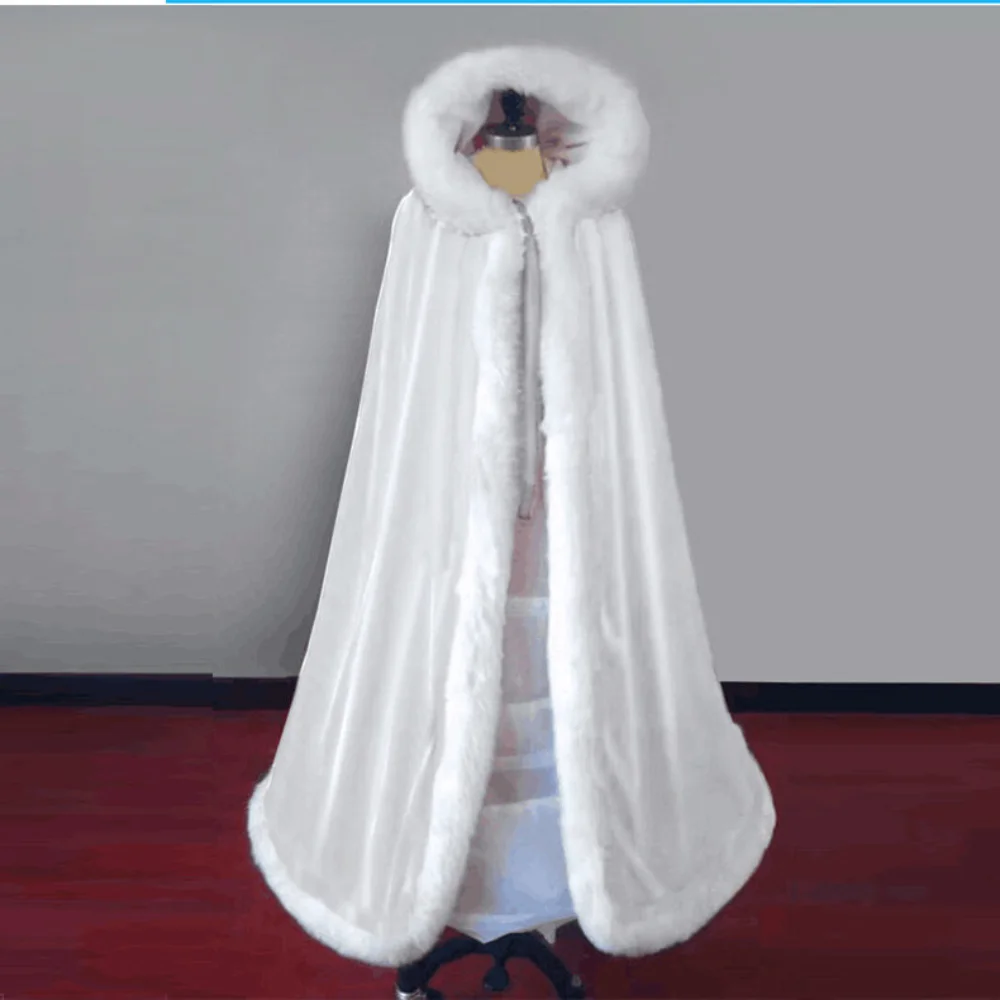 Plus Fleece Wedding Bridal Cape Velvet Warm Long Winter Poncho Womens Fur Trim Wedding Cloak White Red Black Wraps Hood Cape