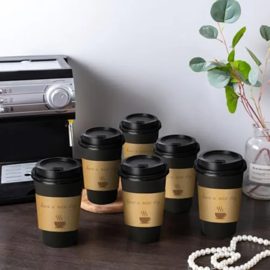 500 Pack 16 oz Disposable To Go Paper Coffee Cups with Lid for Cafe Travel and Home Use Hot Insulated Cups with Lids Stir Stick view 6