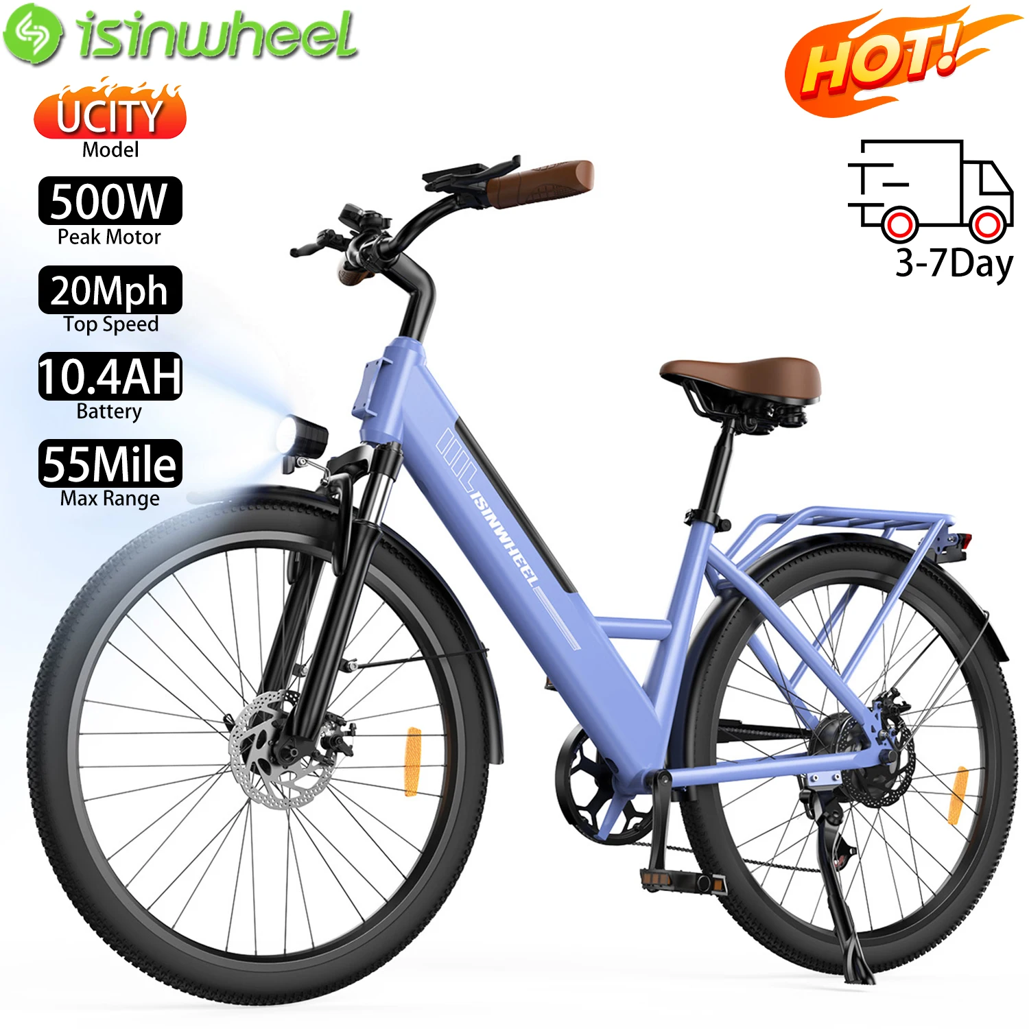 

Electric City Bike lsinwheel UCITY 26" 500W Motor Top Speed 20Mph 36V 10.4AH Max Range 55Miles Load 264Ibs E-Bike For Adulte