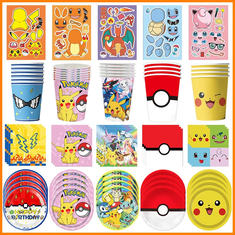 Pokemon Birthday Party Decoration Mix Style Tableware Cup Napink Plate Pokemon Go Birthday Party Kit Kid Happy Birthday Supplies