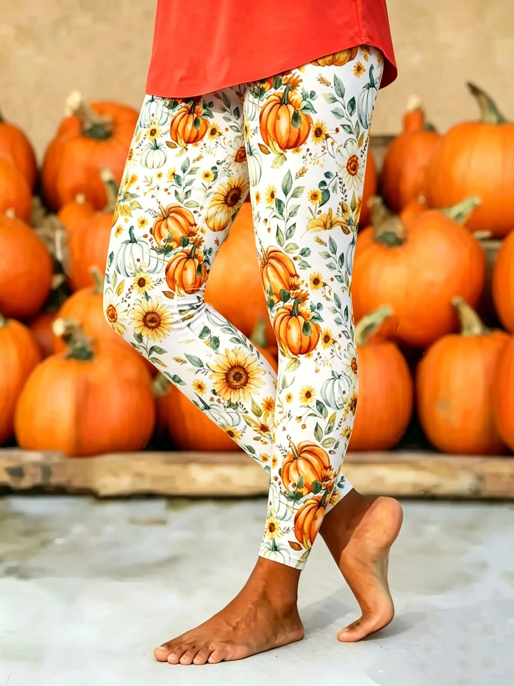 Women Fleece Lined Leggings Pumpkin Sunflower Print Stretch Warm Autumn Casual Long Pants