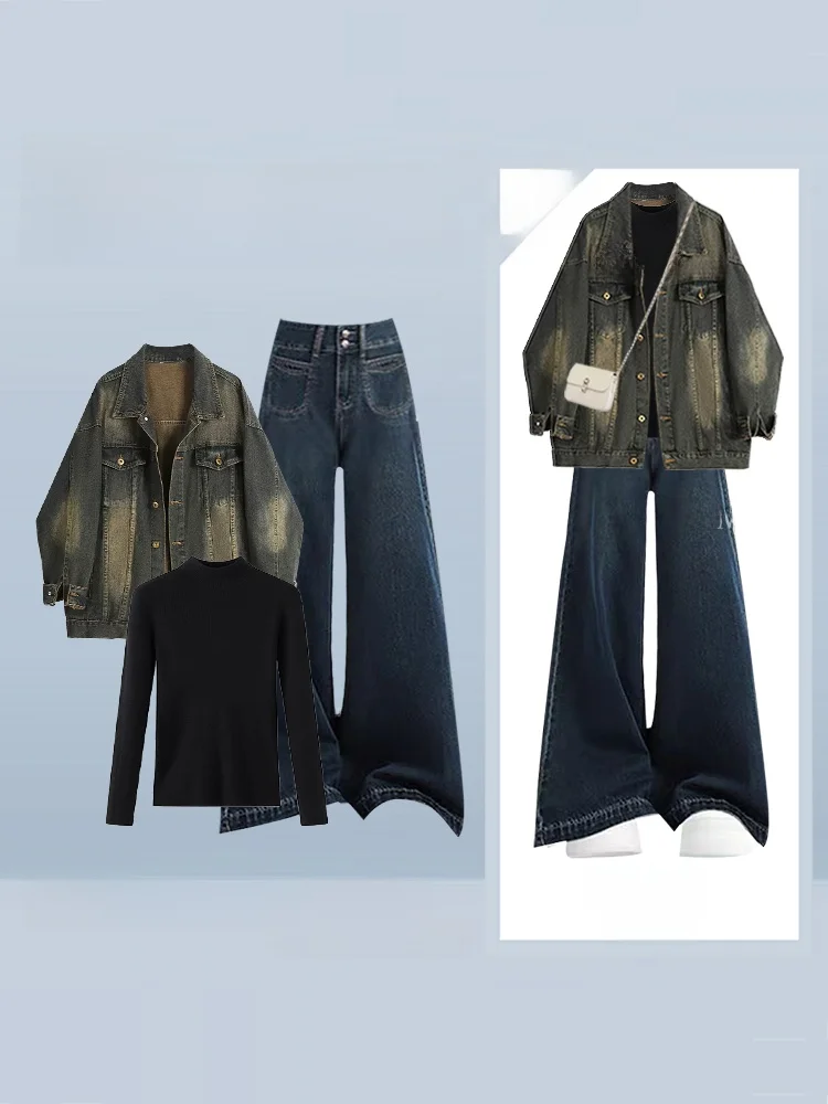 

Retro American Sle Faded Denim Jaet Women's Color Base irt Wide Leg Straight Pants Long Pants Tee Piece Set Autumn