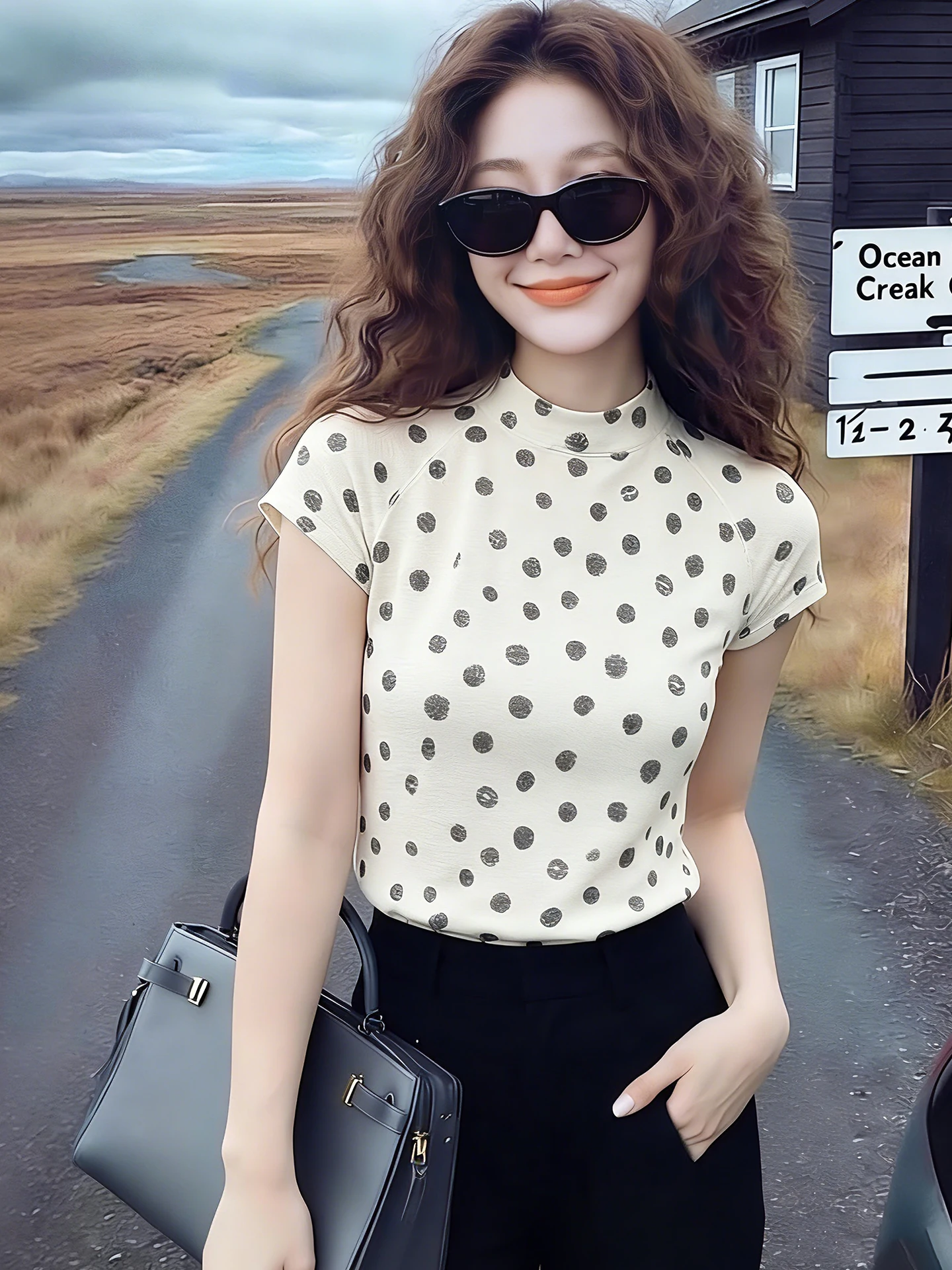 

Slimming Polka Dot T-Shirt Short Sleeve Base Shirt Spring Summer Fashion Design Korean Style Commute Wind Women's Top