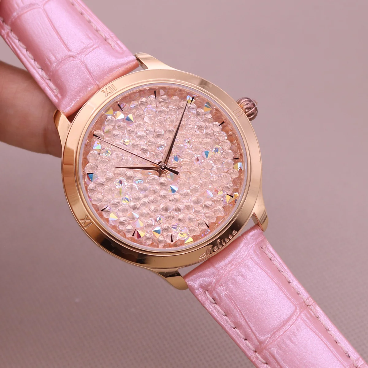 Luxury Melissa Men's Women's Watch Full Rhinestone Crystal Fashion Hour Dress Leather Bracelet Clock Girl's Birthday Gift Box