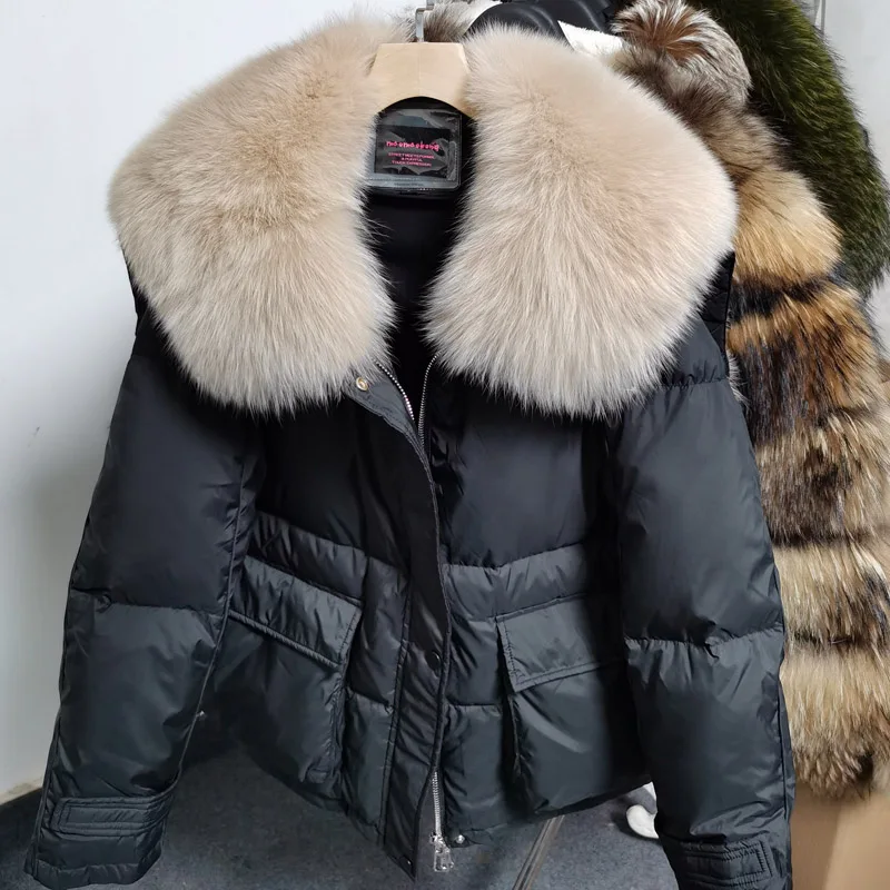 

2024 Maomaokong loose Real Fox Fur Collar White Duck Down Jacket Women Winter Luxury Puffer Coat Oversize Feather Outwear