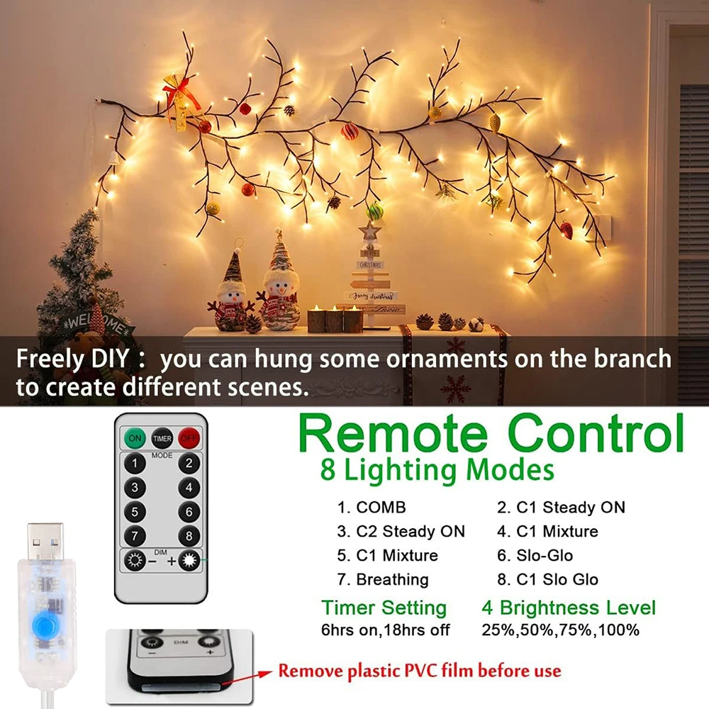 1PCS 96Leds Outdoor USB Tree and Vine Light 8 Mode Indoor Christmas Fireplace Atmosphere Light Room Wall Decoration Nightlights