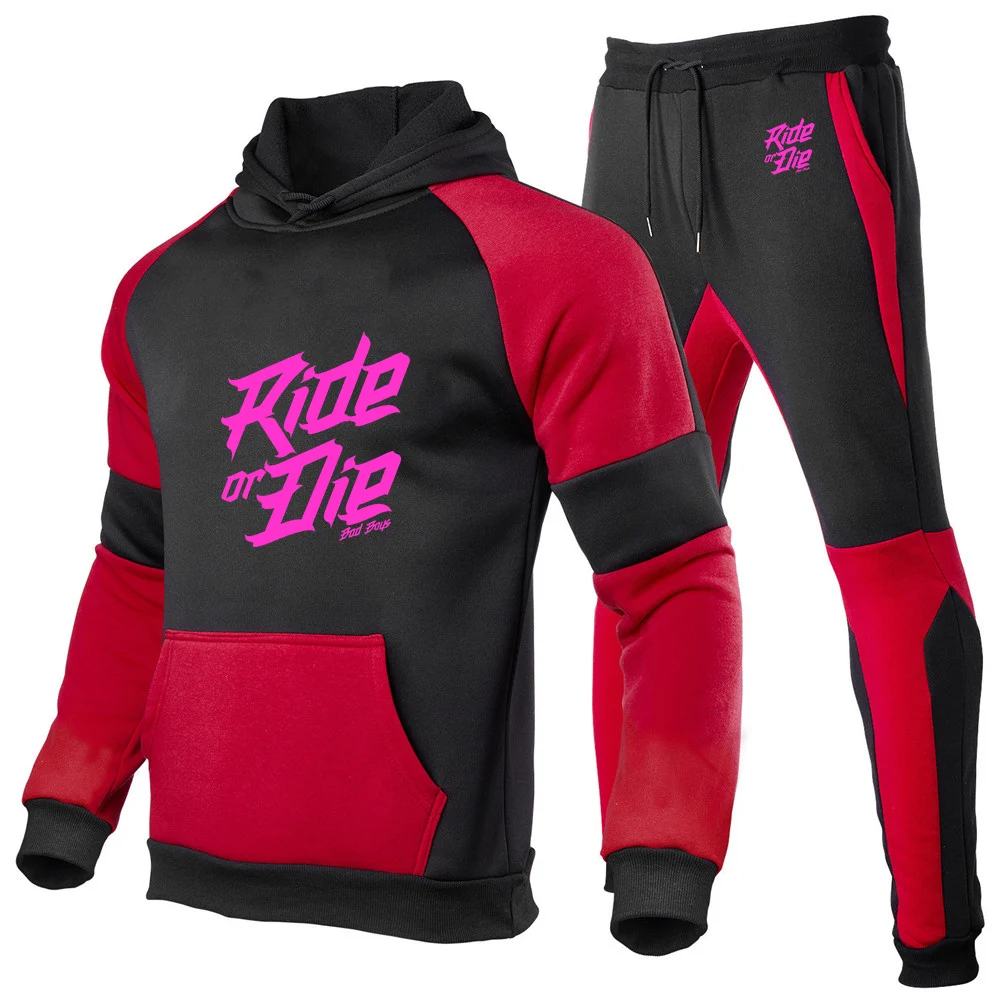 

Ride or die bike Logo Print Color Blocking Designer Hooded Drawstring Patchwork Hoodies Leisure Long Pants Sports Suits