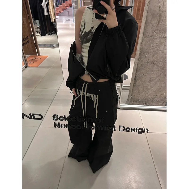 

Rick Ro style dark embroidery slogan workwear silhouette wide-leg low-crotch loose casual floor-length flared long pants men