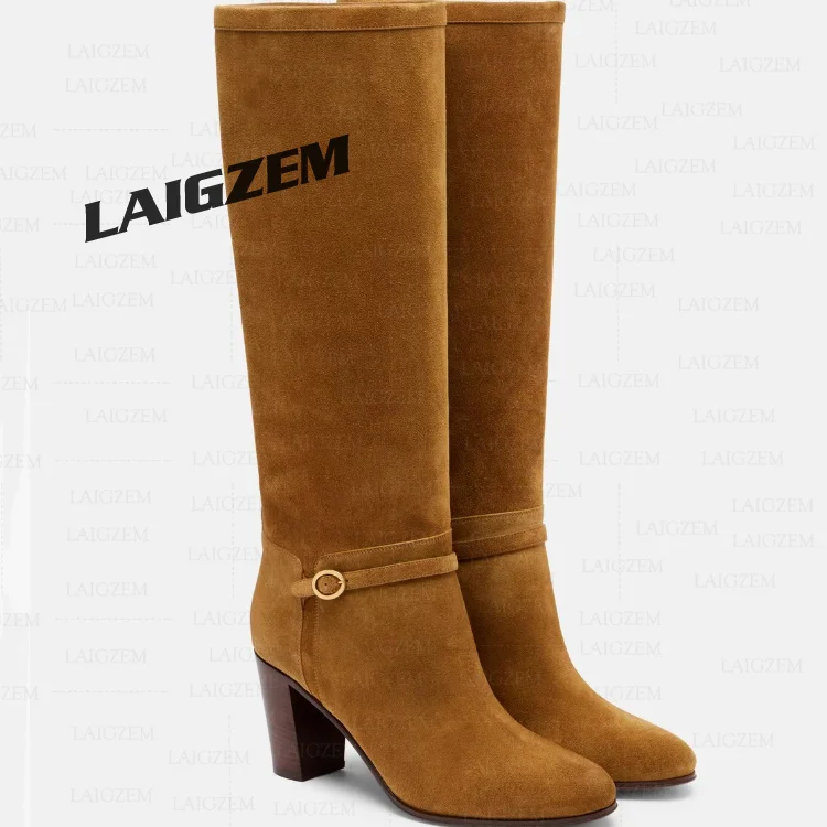 LAIGZEM Women Knee High Boots Split Leather Pull On Round Toe 8.5CM Thick High Heels Boots Shoes Woman Big Size 36 38 41 43 46