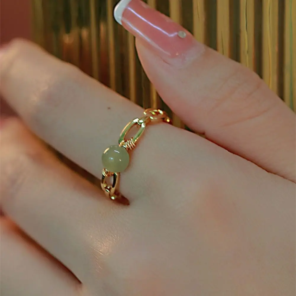 Women Finger Ring Hetian Jade Beaded Ring Female Retro Niche Design Minimalist Finger Buckle All Match Jade Open Ring Jewelry