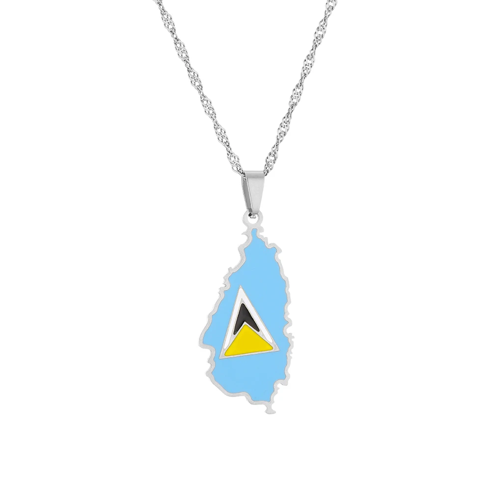 Mode Saint Lucia Insel Karte Flagge Anhänger Halskette Edelstahl für Männer Frauen st. Lucia Schmuck Geschenk – Detail 5