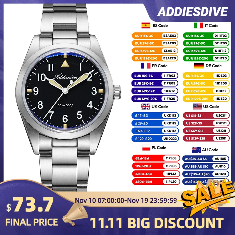 

ADDIESDIVE AD2502 Luxury Military Titanium Watch Japan VH31 Quartz Sweep Seconds 36mm Lightweight 100M Waterproof Luminous Dial