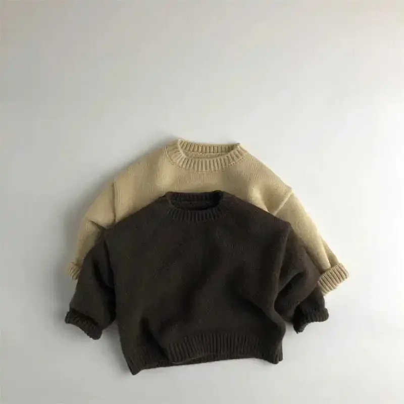 

Autumn Winter Pullover Solid Color Children's Sweater Korean Round Neck Children's Pullover Knit Sweater Lazy Long-sleeved Tops