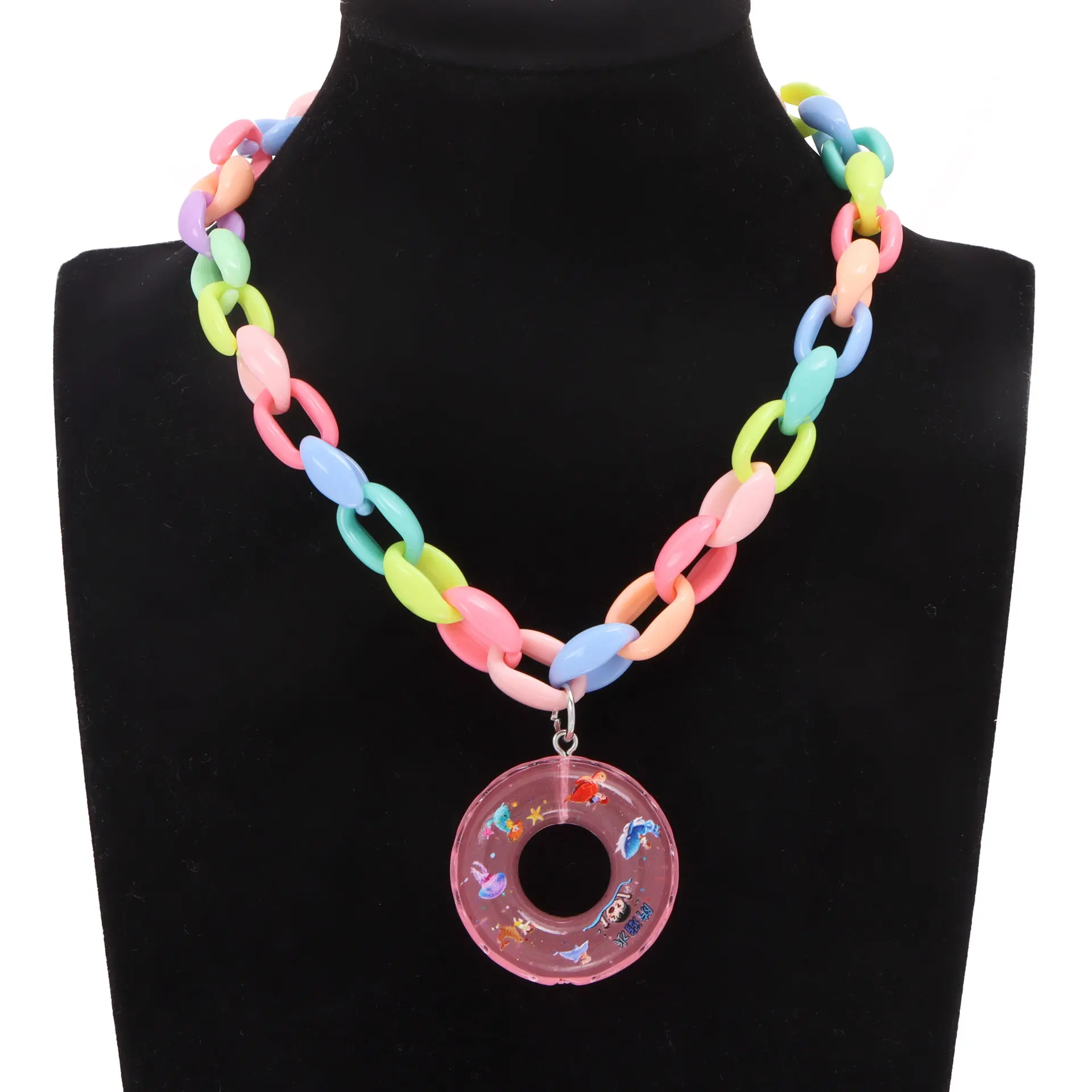 Collar de Color macarrón a la moda para niños, colgante de cadena de clavícula con forma de Donut de resina, joyería para niñas, regalo de cumpleaños para fiesta de Navidad