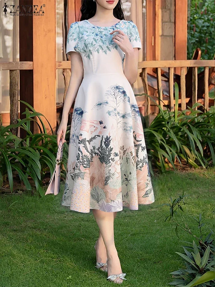 

2025 ZAZNEA Elegant Long Dresses Summer Women Floral Print Midi Sundress Fashion Vintage Casual A-Line Party Bohemian Robe