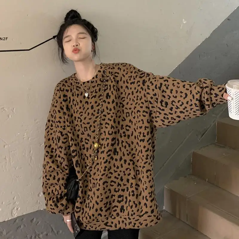 Trend Leopard Thick Loose Sweatshirts Femme Korean Pullover O-neck Long Sleeve T-Shirt Autumn Winter 2023 New All-match Top Tee