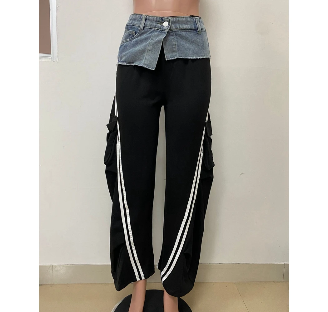 Women's Denim Patchwork Jogger Pants Elastic Waist with Side Stripes & Patch Pockets Straight Leg Casual Streetwear Sports Wear