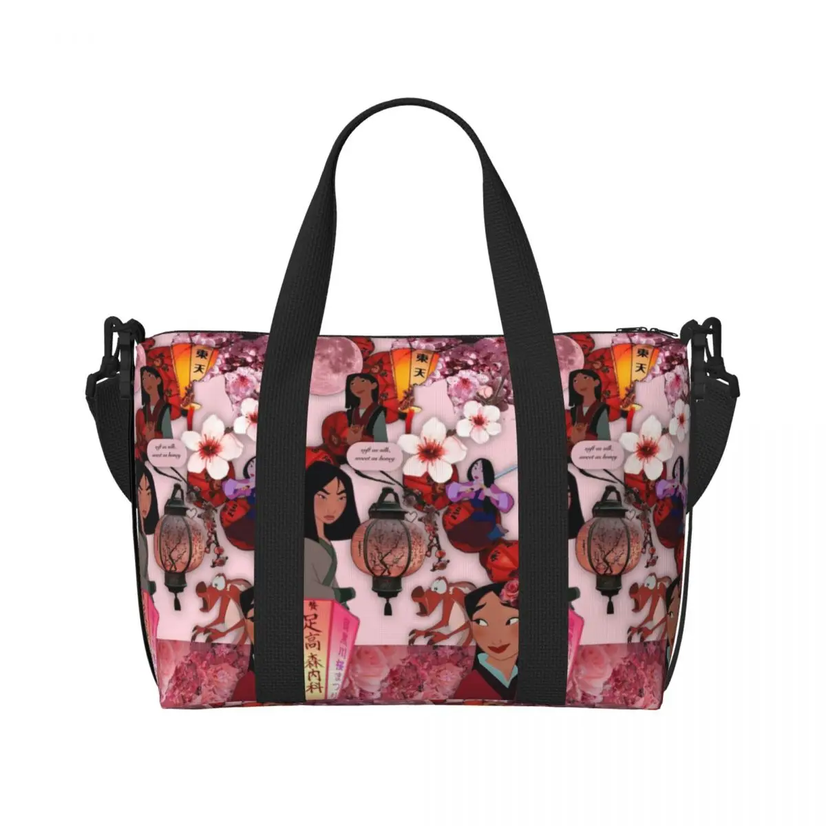 Custom Large Cartoon Mulan Princess Tote Bag for Women Shopping Shoulder Beach Gym Travel Bag