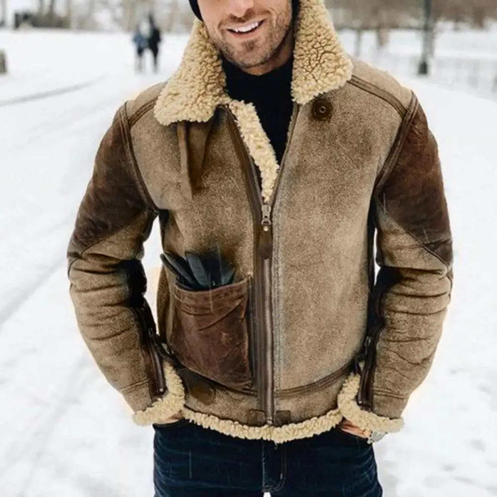 

2022 men's Faux Leather Trendy Coat Winter Warm Wool Fur Shearling Jacket Thickened Lapel Casual Fashion Clothes