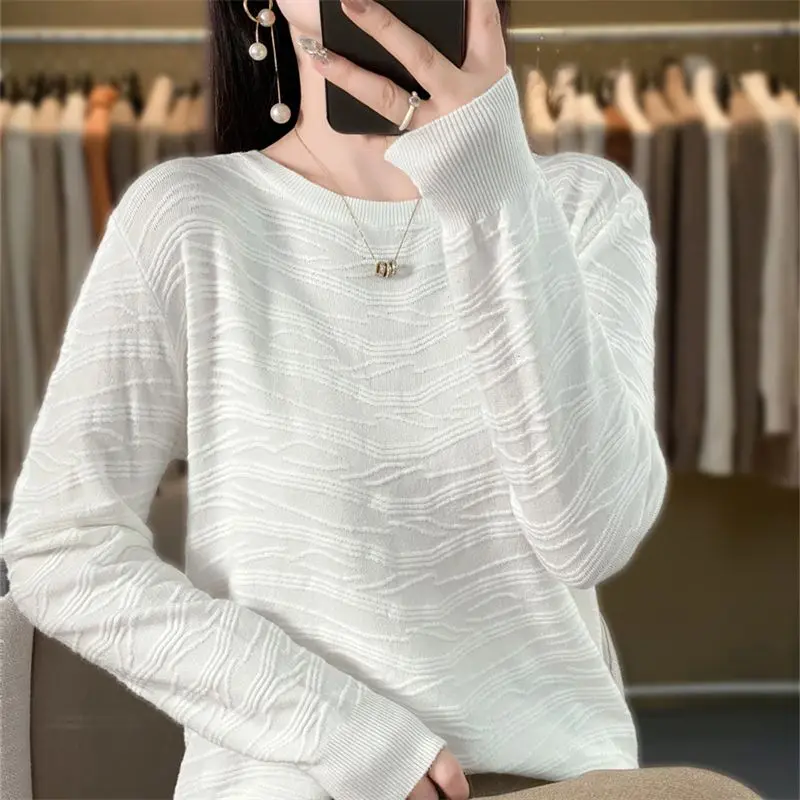 Spring Autumn Round Neck Solid Color Pullover Lantern Long Sleeve Women\'s Clothing Casual Sweater Knitted Screw Thread Tops