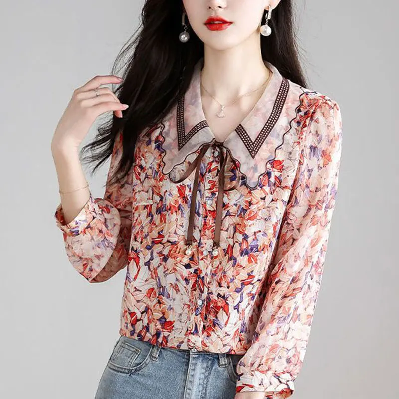 Elegant Simplicity Printing Chiffon Shirts for Women, Casual Tops for Office Lady, Elegant Clothes for Spring, New Style