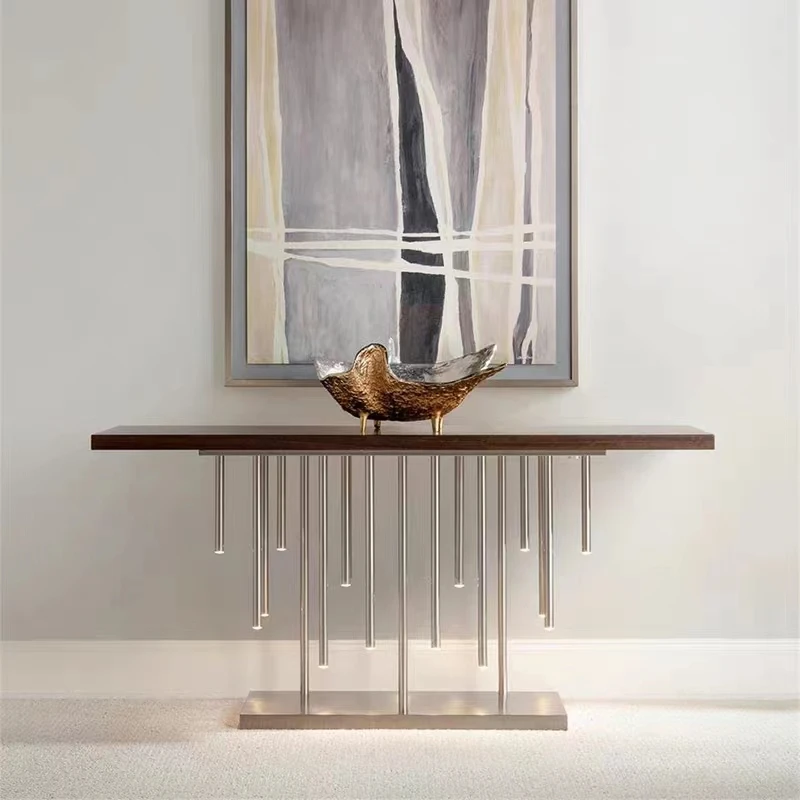 

Light Luxury Console Table Illuminated Tubes Legs Solid Wood Veneer Console Table Brushed Stainless Steel Console Table