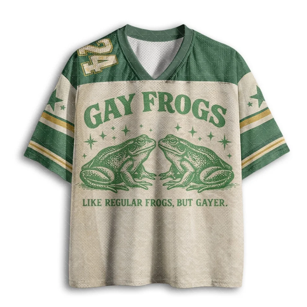 V Neck Football Jersey Vintage Two Frogs Star Funny Slogan Print Green Cream Gold Striped Sleeve Loose Sport Tee