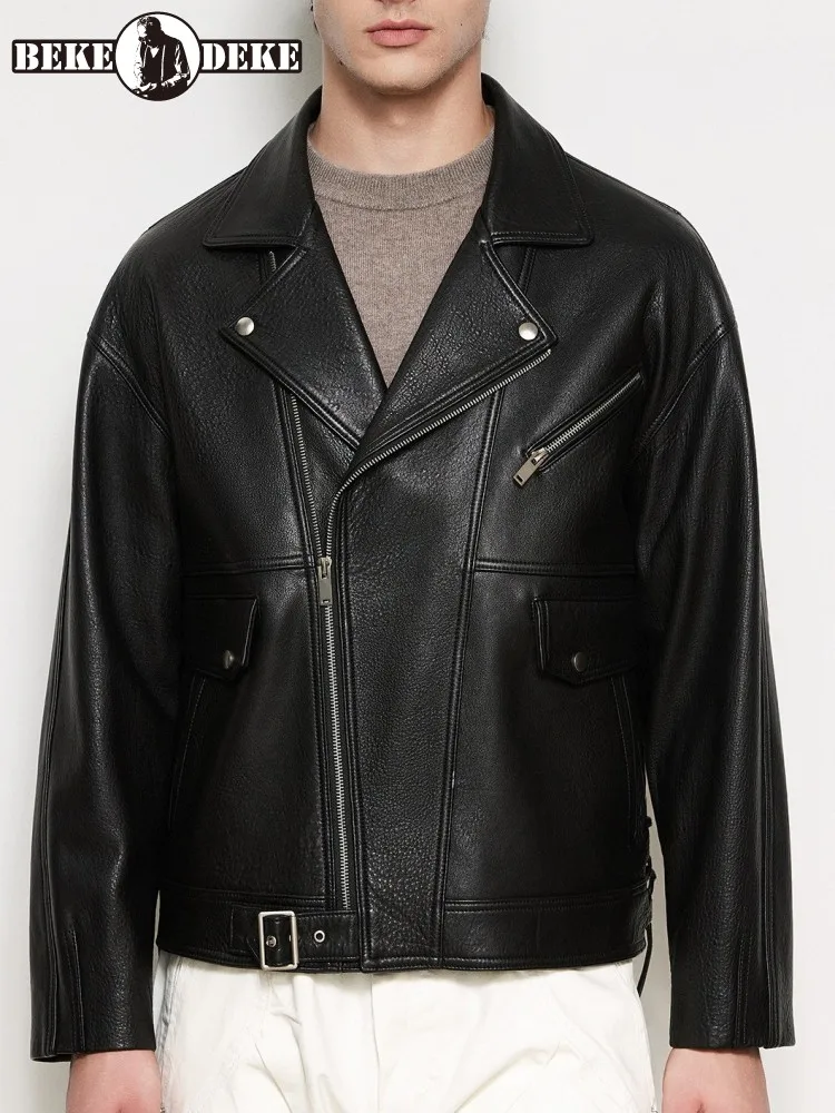 Punk Style Solid Color Zipper Long Sleeves Genuine Leather Jacket Versatile Loose Male Turn Down Collar Sheepskin Outerwear