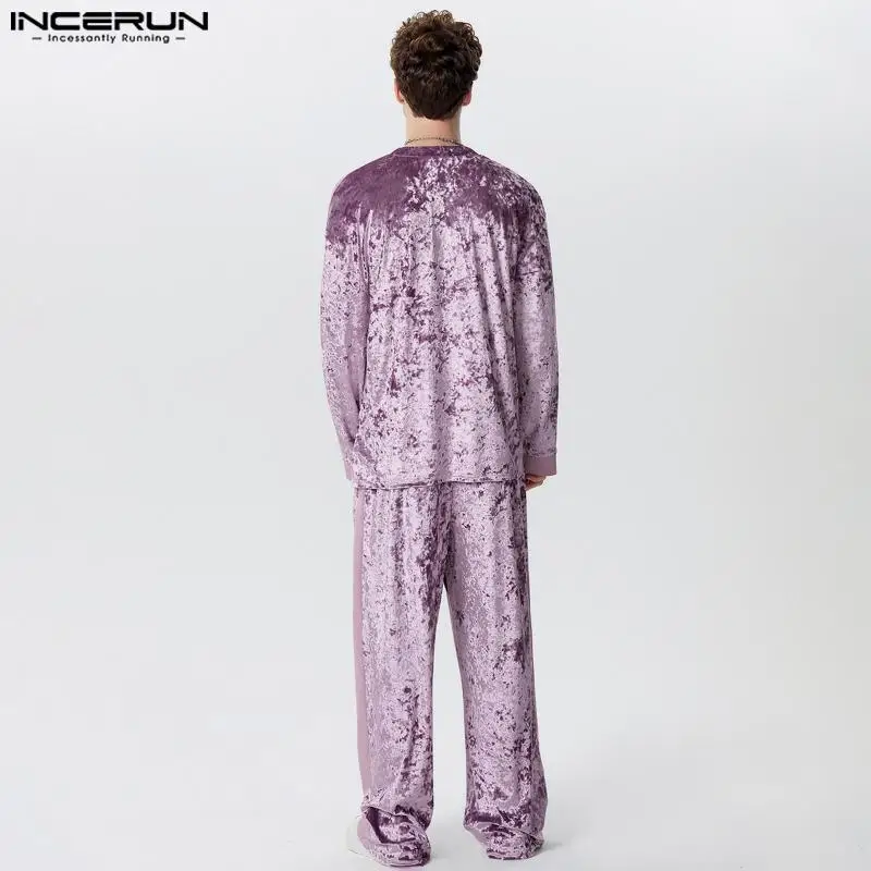 INCERUN Men Sets Solid Color Velour Patchwork V Neck Long Sleeve T Shirt & Pants 2PCS Streetwear 2024 Fashion Men\'s Casual Suits